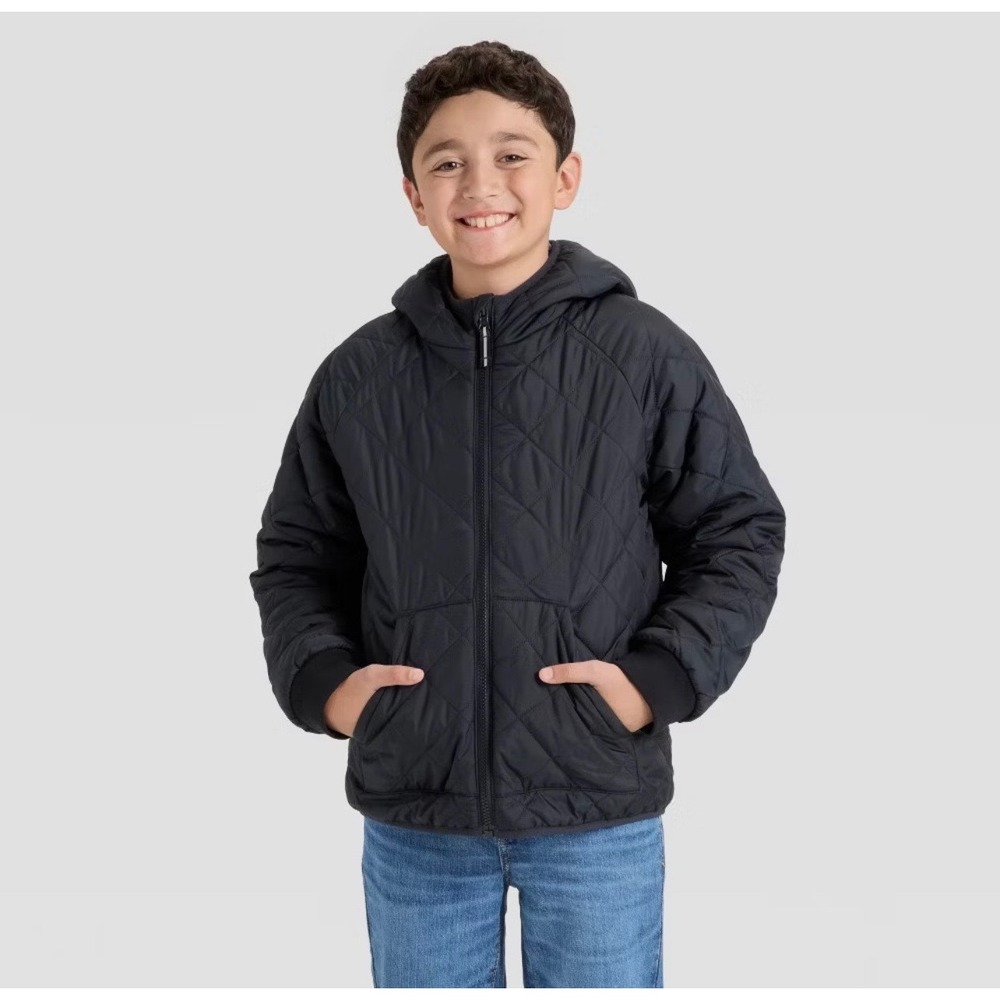 Cat & Jack Boys Black Quilted Puffer Jacket Sherpa Lined Hooded Size S 6/7